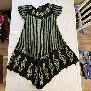Vintage Dress Whimsygoth Fairy Green Asymmetric Gauzy Midi Embroidered One Size